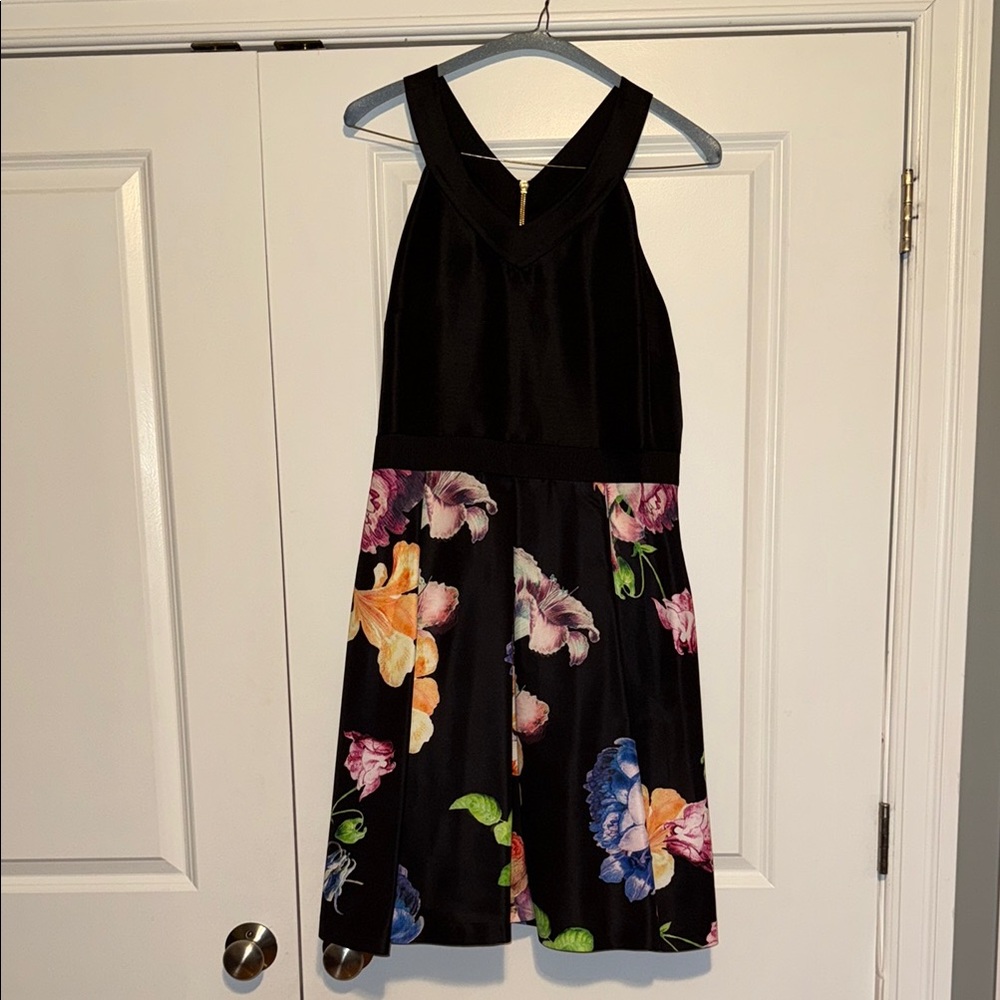Ted Baker Black Floral Fit-and-Flare Dress with V-Neck
